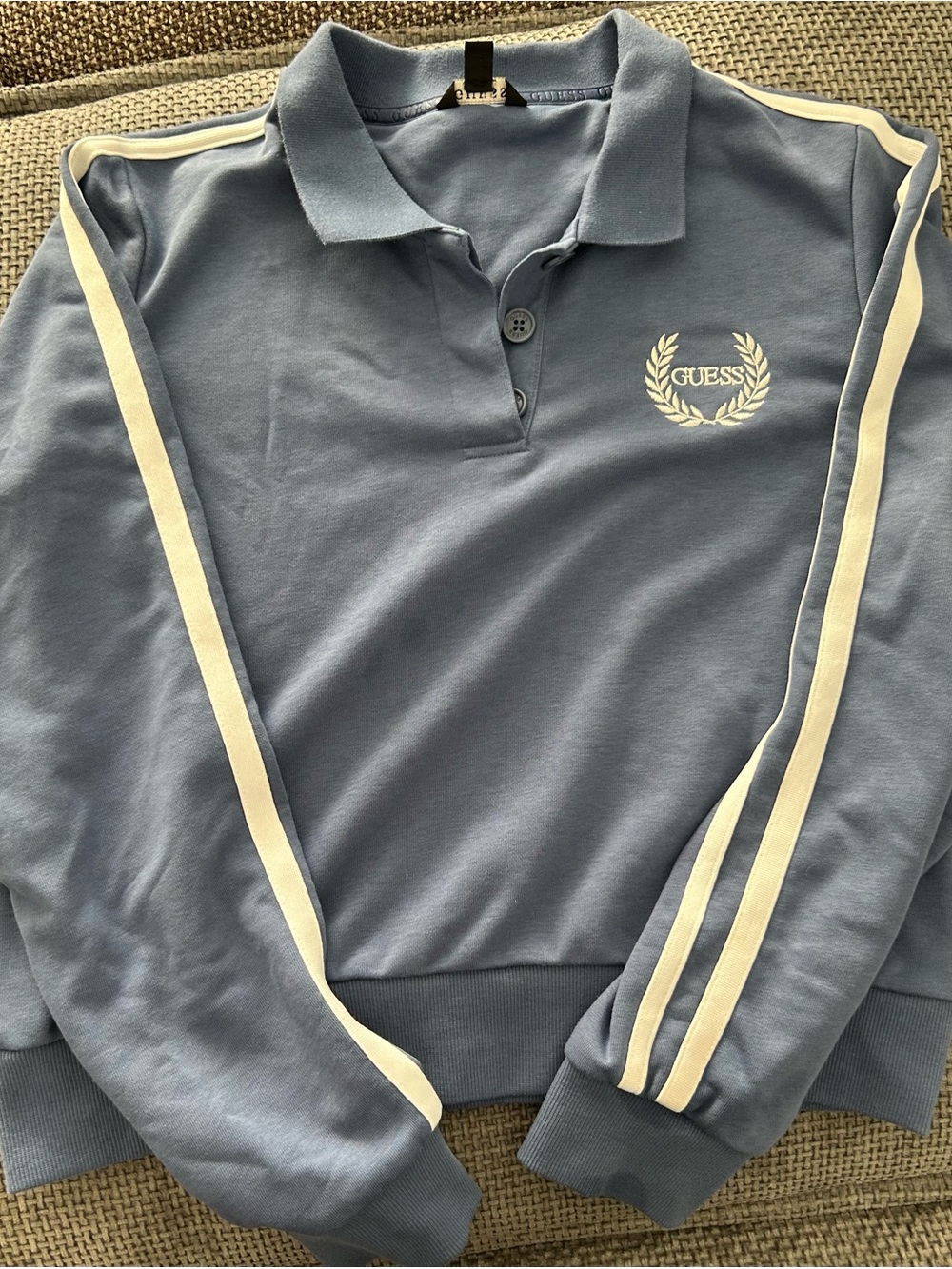 Guess Blue Polo-Style Sweatshirt with Cream Stripes